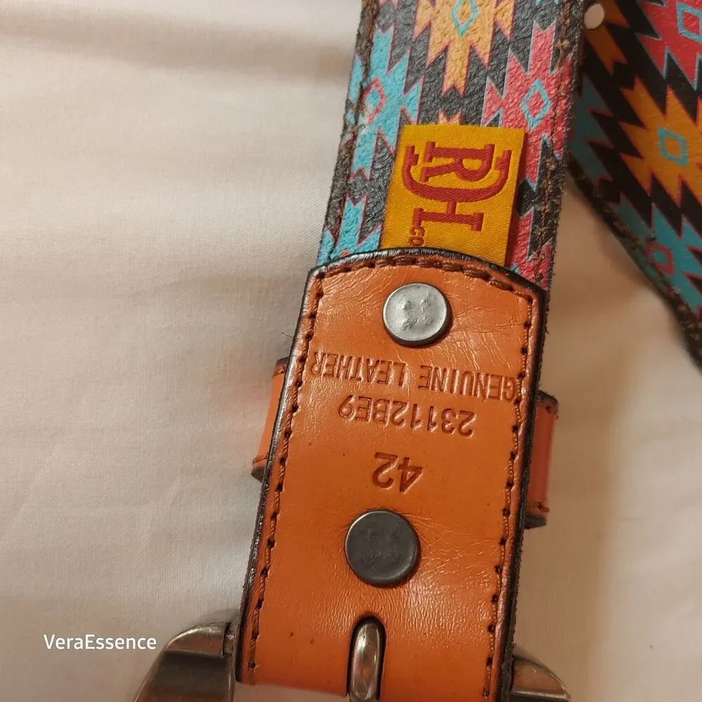 Red Dirt Hat Mens Multicolor Geometric Genuine Leather Tapered Belt Size 42 NWOT